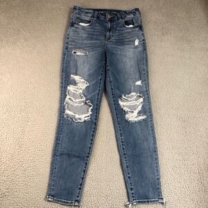 American Eagle Jeans Women 8 Blue Preppy‎ Curvy Hi-Rise Jegging Distressed